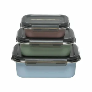 3 boîtes rectangulaires en inox et couleur