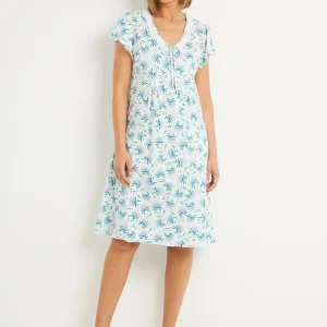 Chemise de nuit coton fleuri dentelle mi longue